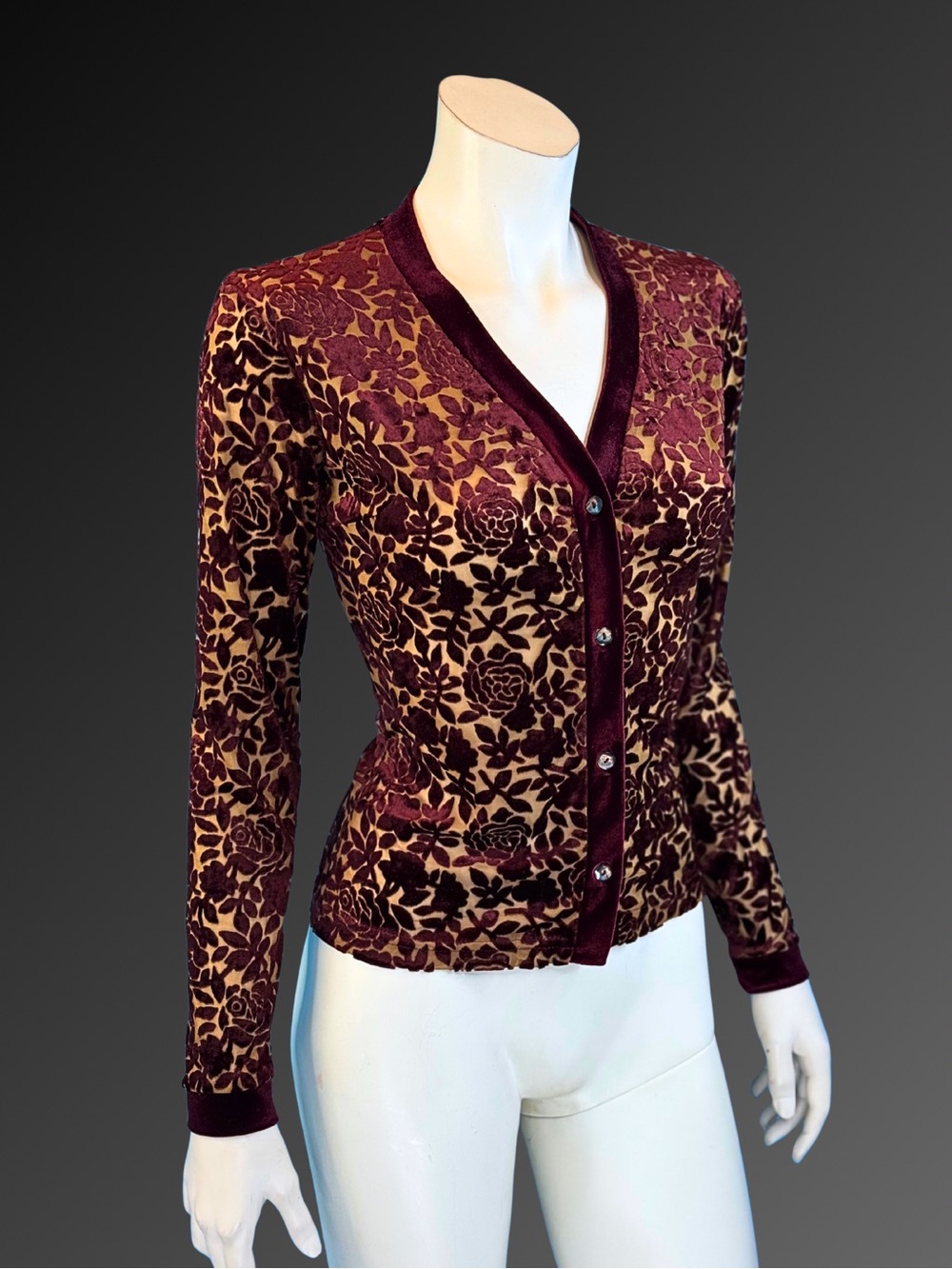 90s Burgundy Velvet Burnout Romantic Gothic Floral Devore Cardigan | XS S - Picture 3 of 11